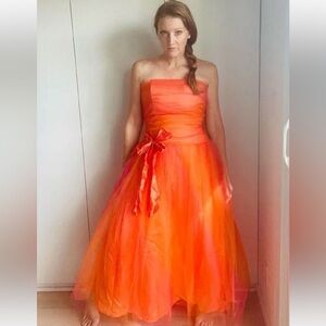 VTG Gunne Sax Dress Orange Pink Tulle Strapless Sz 3/4